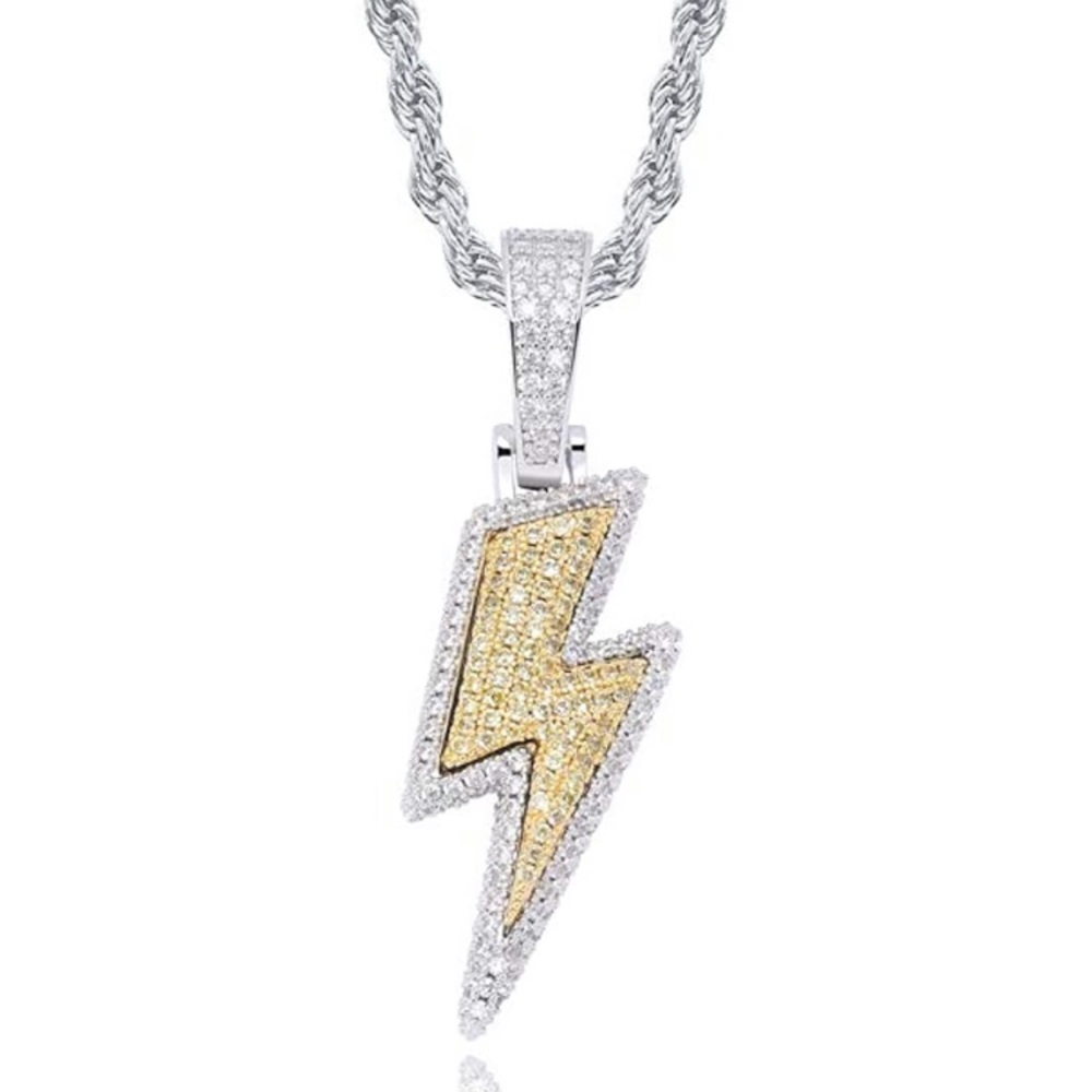 18k Gold Iced Out Lightning Pendant w/ Necklace